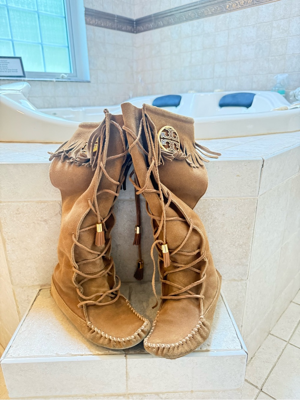 Tory Burch Cognac Suede Fringe Lace-Up Boots with Gold Logo Accent